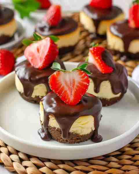 Chocolate Covered Strawberry Mini Cheesecakes Ingredients: For the Crust: 1 cup chocolate cookie cru...