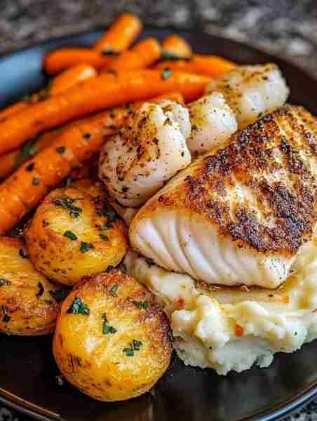 Seared Cod & Scallops with Garlic Butter Veggies 🐟🥕 Fine dining vibes with bold flavors and creamy...