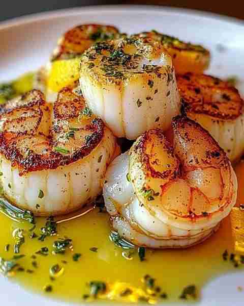 LOBSTER & SCALLOPS IN LEMON HERB BUTTER 🍋🦞 Ingredients: - 6 large sea scallops, patted dry - 2 lob...