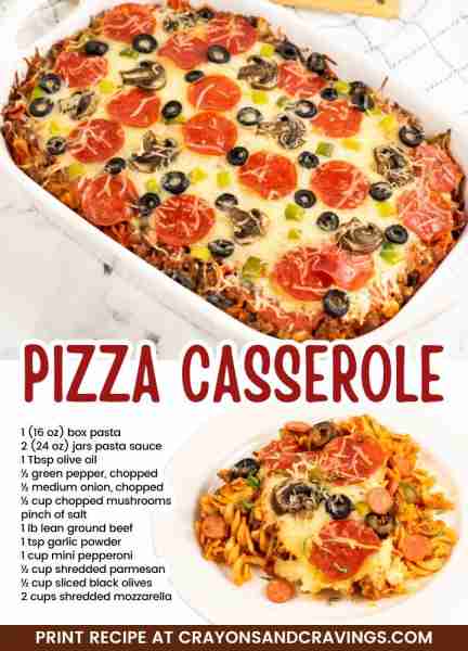 PIZZA PASTA CASSEROLE 🍕 1 (16 oz) box pasta 🍕 2 (24 oz) jars pasta sauce 🍕 1 Tbsp olive oil 🍕 ½...