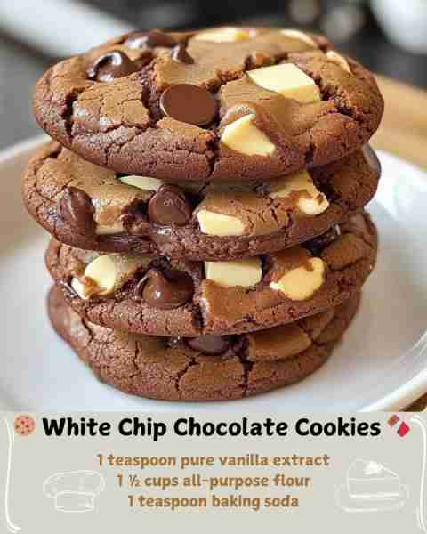🍪 White Chip Chocolate Cookies 🍫 Ingredients: For the cookies: 1 cup (2 sticks) unsalted butter, s...