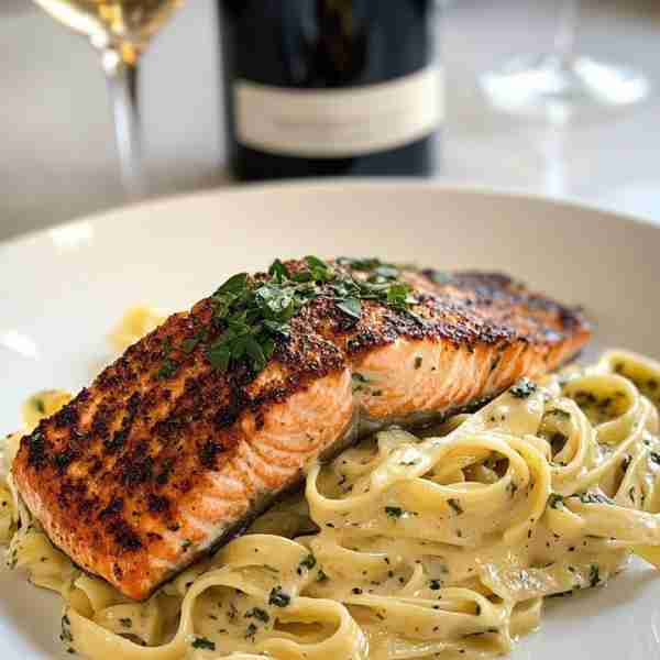 Grilled Salmon with Herb-Crusted Crust over Creamy Fettuccine Pasta Serves: 2 Ingredients: For the S...