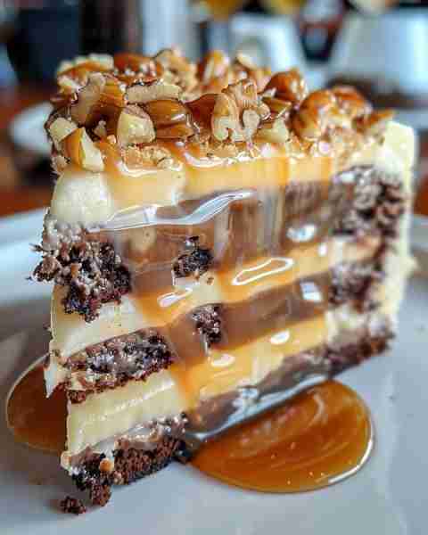 White German Chocolate Cake with Caramel and Pecans Cake Ingredients: 2 ½ cups all-purpose flour 2 ½...