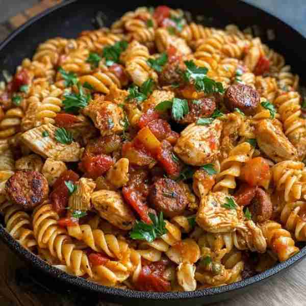 Cajun Chicken and Sausage Pasta Skillet Ingredients: 2 tablespoons olive oil 1 pound boneless, skinl...