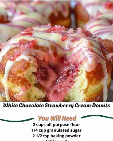 Indulge in these delightful White Chocolate Strawberry Cream Donuts—a perfect treat for any occasion...