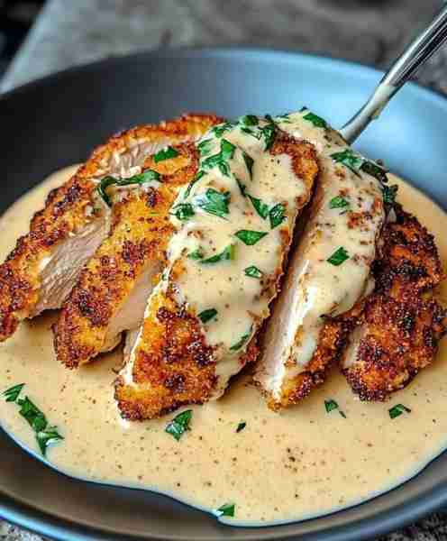 🥘 Parmesan Crusted Chicken with Creamy Garlic Sauce – Pure Comfort on a Plate! ✨ Crispy, cheesy, a...