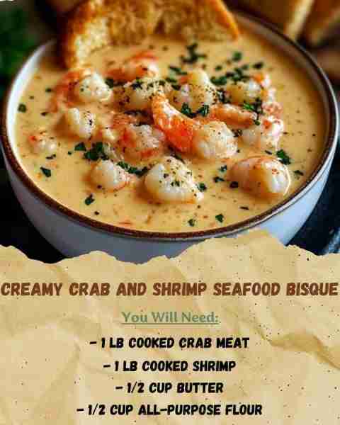 Creamy Crab and Shrimp Seafood Bisque 🦐 Indulge in the rich and flavorful taste of this Creamy Crab...