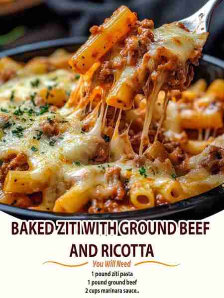 BAKED ZITI WITH GROUND BEEF AND RICOTTA Ingredients: 1 pound ziti pasta 1 pound ground beef 2 cups m...