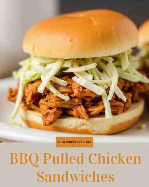 BBQ Pulled Chicken Sandwiches Ingredients: Shredded cooked chicken BBQ sauce, buns, coleslaw Method:...