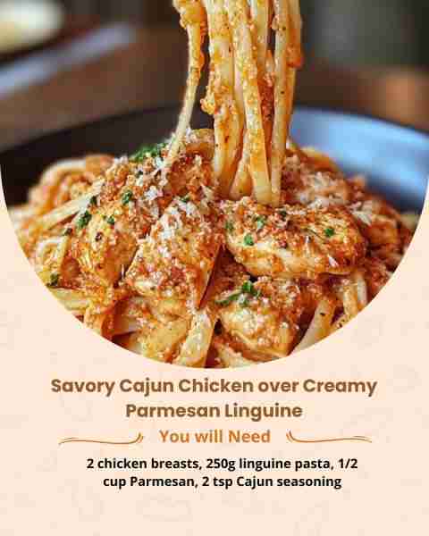 🌶️ Savory Cajun Chicken over Creamy Parmesan Linguine Ingredients: 2 chicken breasts, cut into strip...