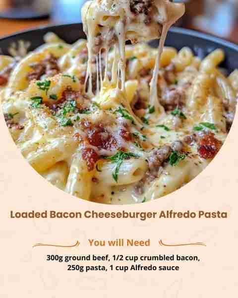 🧀 Loaded Bacon Cheeseburger Alfredo Pasta Ingredients: 1 lb ground beef 6 slices bacon, cooked and...