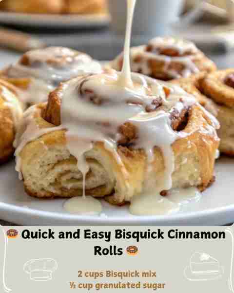🍩 Quick and Easy Bisquick Cinnamon Rolls 🍩 Ingredients: For the dough: 2 cups Bisquick mix ⅓ cup g...