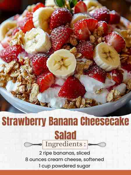 Strawberry Banana Cheesecake Salad Ingredients: 2 cups fresh strawberries, sliced 2 ripe bananas, sl...