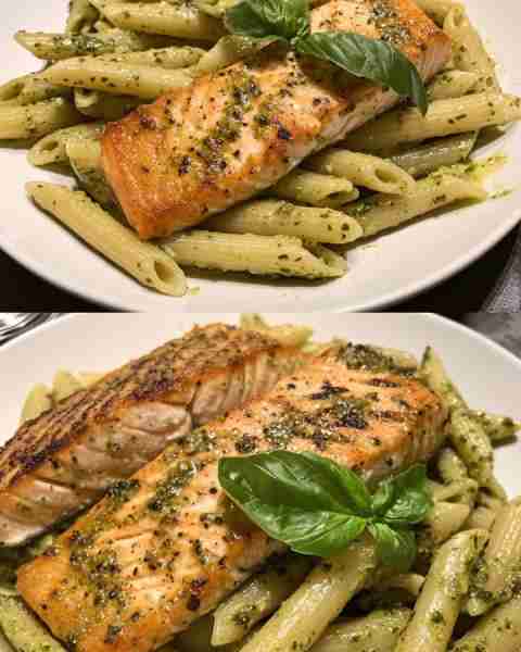 Zucchini Pesto Penne with Roasted Salmon Delicious Zucchini Pesto Penne with Perfectly Roasted Salmo...