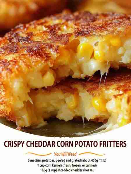 Crispy Cheddar Corn Potato Fritters Ingredients: For the Fritters: 3 medium potatoes, peeled and gra...
