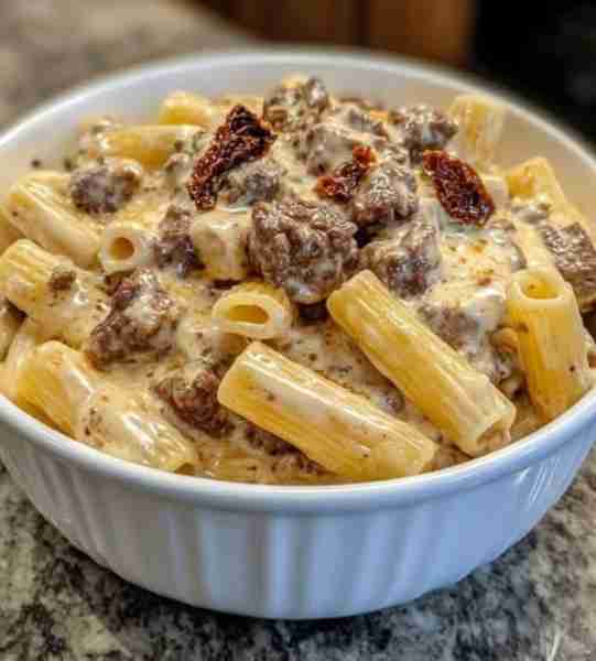 SPICY CAJUN BEEF IN CREAMY PARMESAN RIGATONI PASTA Ingredients: 1 lb ground beef 12 oz rigatoni past...