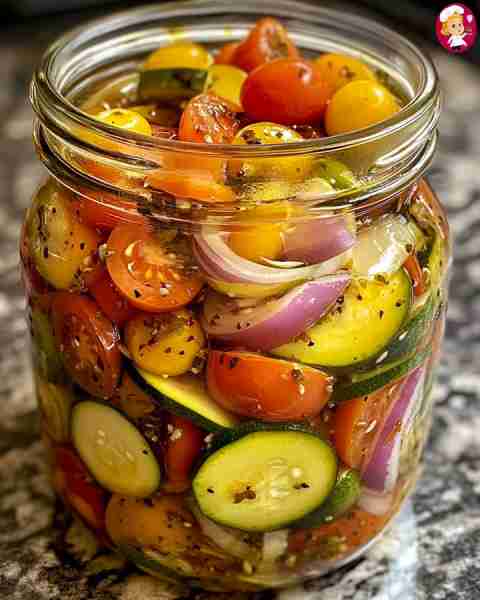 Pickled Cherry Tomatoes, Red Onions, and Zucchini Ingredients: - 2 cups cherry tomatoes, halved - 1...
