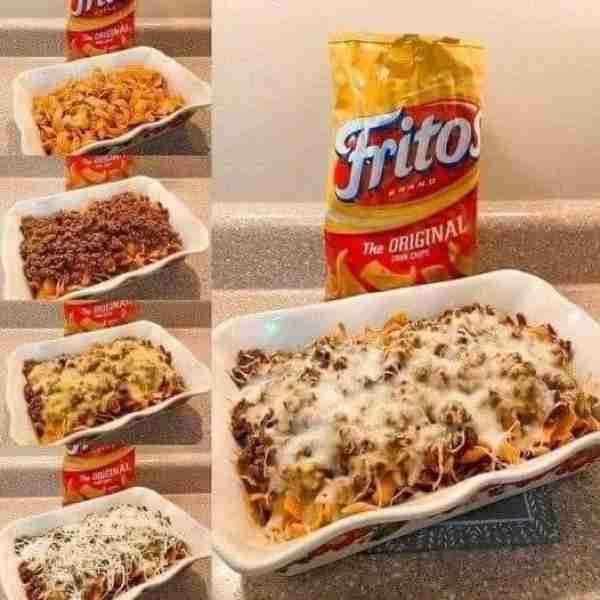 Walking Taco Bake! INGREDIENTS 1 1/2 pounds ground beef 1 package taco seasoning mix 1 bag Fritos co...