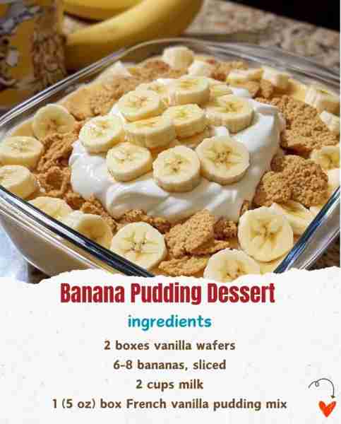 Banana Pudding Dessert 🍌🍨 Ingredients: 2 boxes vanilla wafers 🍪 6-8 bananas, sliced 🍌 2 cups m...
