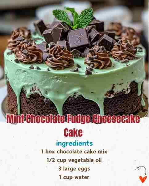 Mint Chocolate Fudge Cheesecake Cake 🍫🍰🌿 Ingredients: 1 box chocolate cake mix 🍫 1/2 cup vegeta...