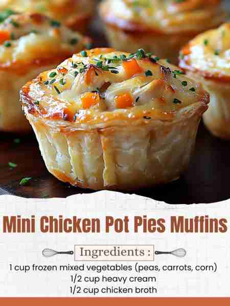 Mini Chicken Pot Pies Muffins Ingredients: 2 cups cooked chicken, diced 1 cup frozen mixed vegetable...