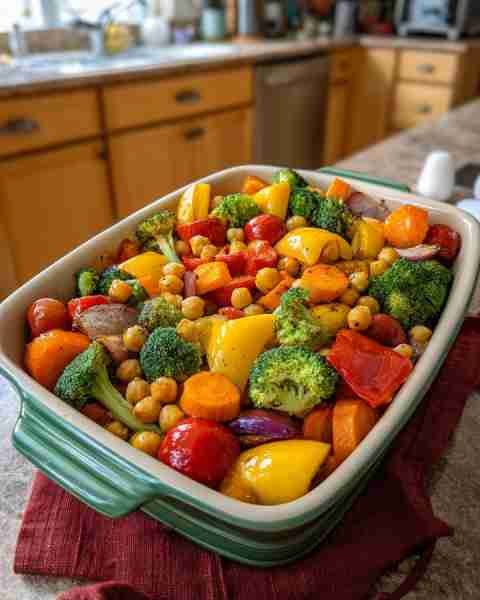 Delicious One-Pan Roasted Chickpea and Vegetable Bake Recipe 🍽️🌿 Ingredients: 2 cans (15 oz / 425g...