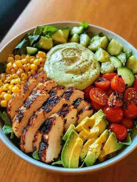 Grilled Chicken & Avocado Salad Bowl 🥑 A fresh, protein-packed bowl for a satisfying and healthy me...