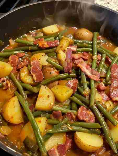 Smothered Green Beans with Potatoes is almost done! One of my favorite wallet friendly meals! Ingred...