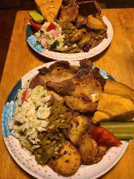 Dinner tonight in SEKY consists of pork chops, fried tomatoes/onions, half runners with bacon grease...