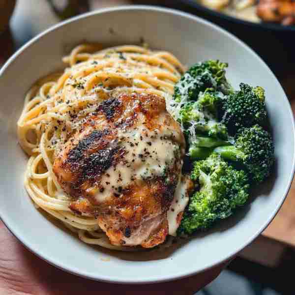 Grilled Chicken Thighs with Creamy Alfredo Spaghetti and Steamed Broccoli Serves: 2 Ingredients: For...