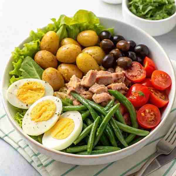 Tuna Niçoise Salad 🥗🥔🥚🍅🐟🫒 Ingredients: Baby potatoes 🥔 Hard-boiled eggs 🥚 Cherry tomatoes 🍅...