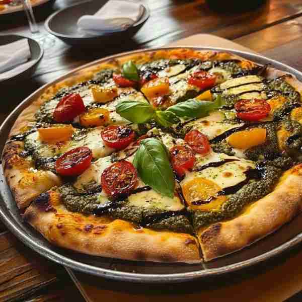 Pesto Pizza with Mozzarella, Cherry Tomatoes, and Balsamic Glaze Ingredients: For the Dough: 2 1/4 t...