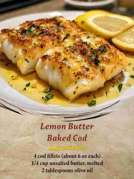 Lemon Butter Baked Cod Ingredients: 4 cod fillets (about 6 oz each) 1/4 cup unsalted butter, melted...
