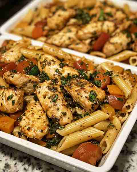 Roasted Veggie Penne with Lemon Herb Chicken Colorful Roasted Vegetable Penne with Zesty Herb Chicke...