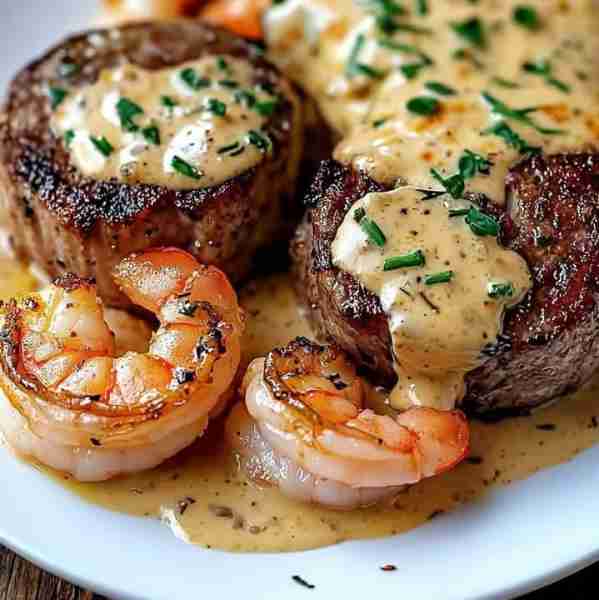 Garlic Butter Surf & Turf Filet 🥩🦐🧄✨ Tender filet mignon steaks topped with creamy garlic butter...