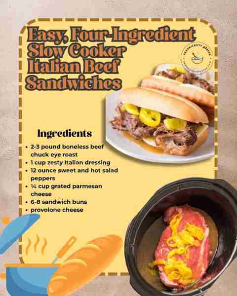FOUR ingredient, Slow Cooker Italian Beef Sandwiches 🤩 2-3 pound boneless beef chuck eye roast 1 cu...