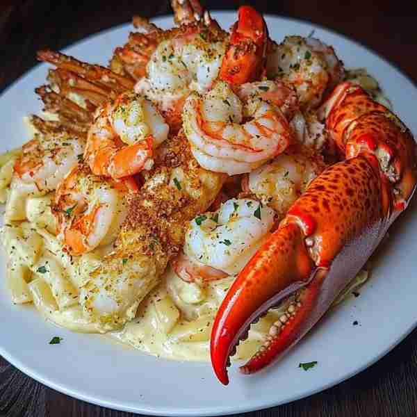 Decadent Seafood Alfredo Pasta with Crab, Lobster, and Shrimp Ingredients: For the Seafood: 2 lobste...