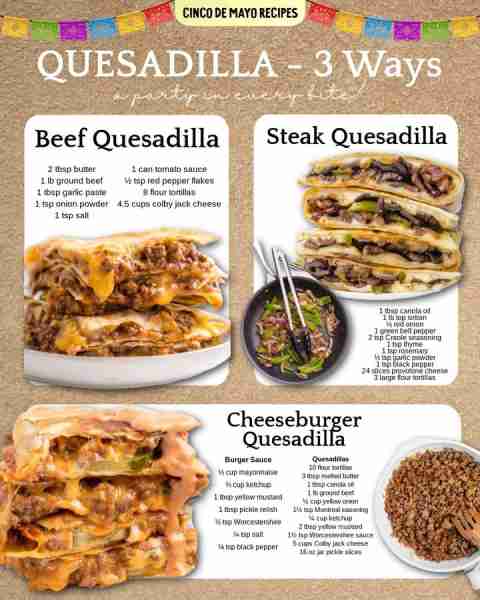 Quesadilla in 3 ways - a party in every bite! Ingredients 1. Beef Quesadilla 1 pound of ground beef...