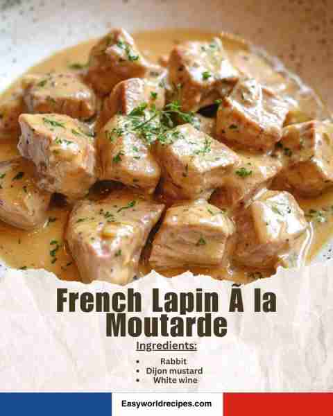 🇫🇷 Lapin à la Moutarde (Rabbit with Mustard Sauce) Tender rabbit braised in a creamy Dijon mustard s...