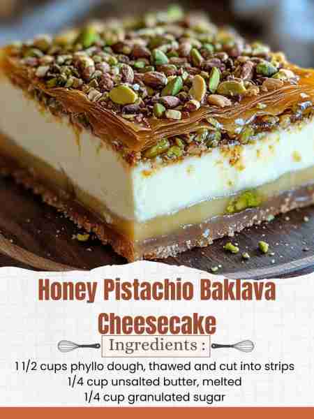 Honey Pistachio Baklava Cheesecake Ingredients: For the Crust: 1 1/2 cups phyllo dough, thawed and c...