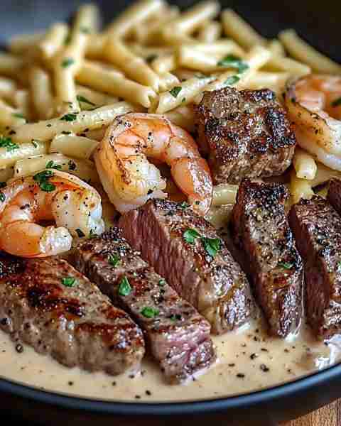 Cajun Shrimp and Steak Alfredo Pasta 🍤🥩🍝 Ingredients: - 8 oz fettuccine pasta - 1 lb shrimp, p...