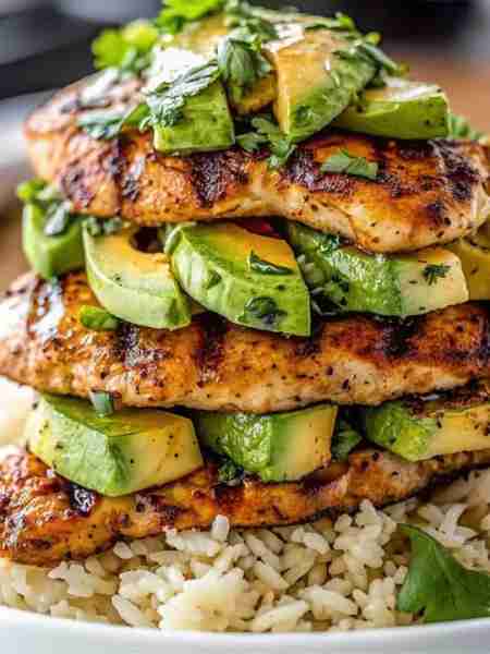 HONEY LIME CHICKEN & AVOCADO RICE STACK 🍯🍋🥑 📋 Ingredients: For the Chicken: 1 lb boneless, skinl...