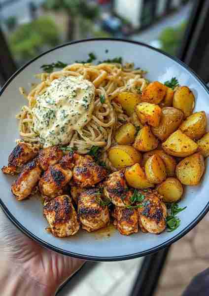 🍯🔥 Greek Hot Honey Mustard Chicken Alfredo & Crispy Potatoes is where bold meets creamy in the bes...