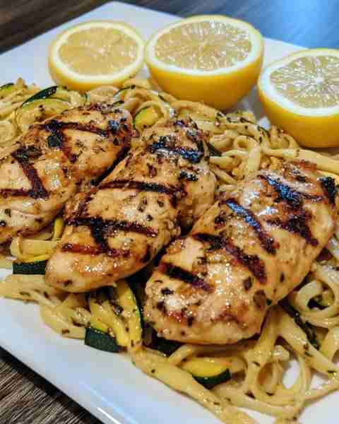 Grilled Zucchini Pasta with Lemon Chicken Zesty Lemon Chicken with Grilled Zucchini Ribbon Pasta Ing...