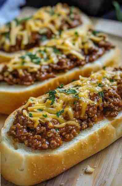 Cheesy Sloppy Joe Boats 🧀⛵ Ingredients: 1 lb ground beef 1 cup sloppy joe sauce (store-bought or h...