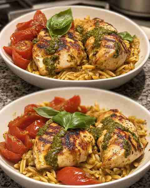 Basil Pesto Chicken with Tomato Orzo Savory Basil Pesto Chicken Served Over Juicy Tomato Orzo Ingred...