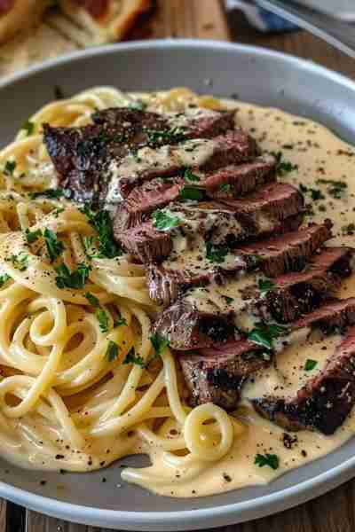 Steak with Creamy Pasta Ingredients: For the Steak: 2 ribeye steaks (or any cut of your choice) Salt...