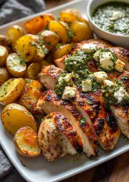 🍋🧄 Greek Garlic Butter Chicken & Roasted Potatoes with Spicy Feta Pesto Cream is the Mediterranean...