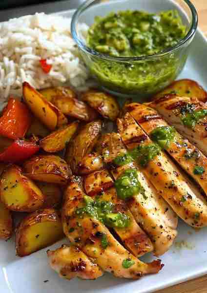 🍋🥑 Lemon Garlic Chicken & Roasted Potatoes with Creamy Avocado Pesto is the perfect balance of bri...