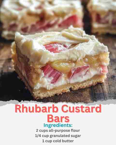 Rhubarb Custard Bars Ingredients: 2 cups all-purpose flour 1/4 cup granulated sugar 1 cup cold butte...